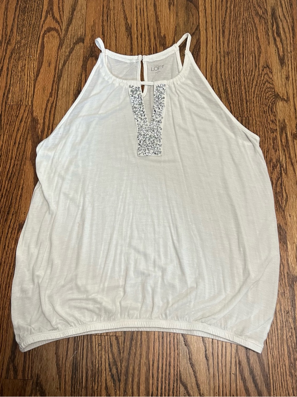 LOFT white halter tank top with silver sequin embellished keyhole detail